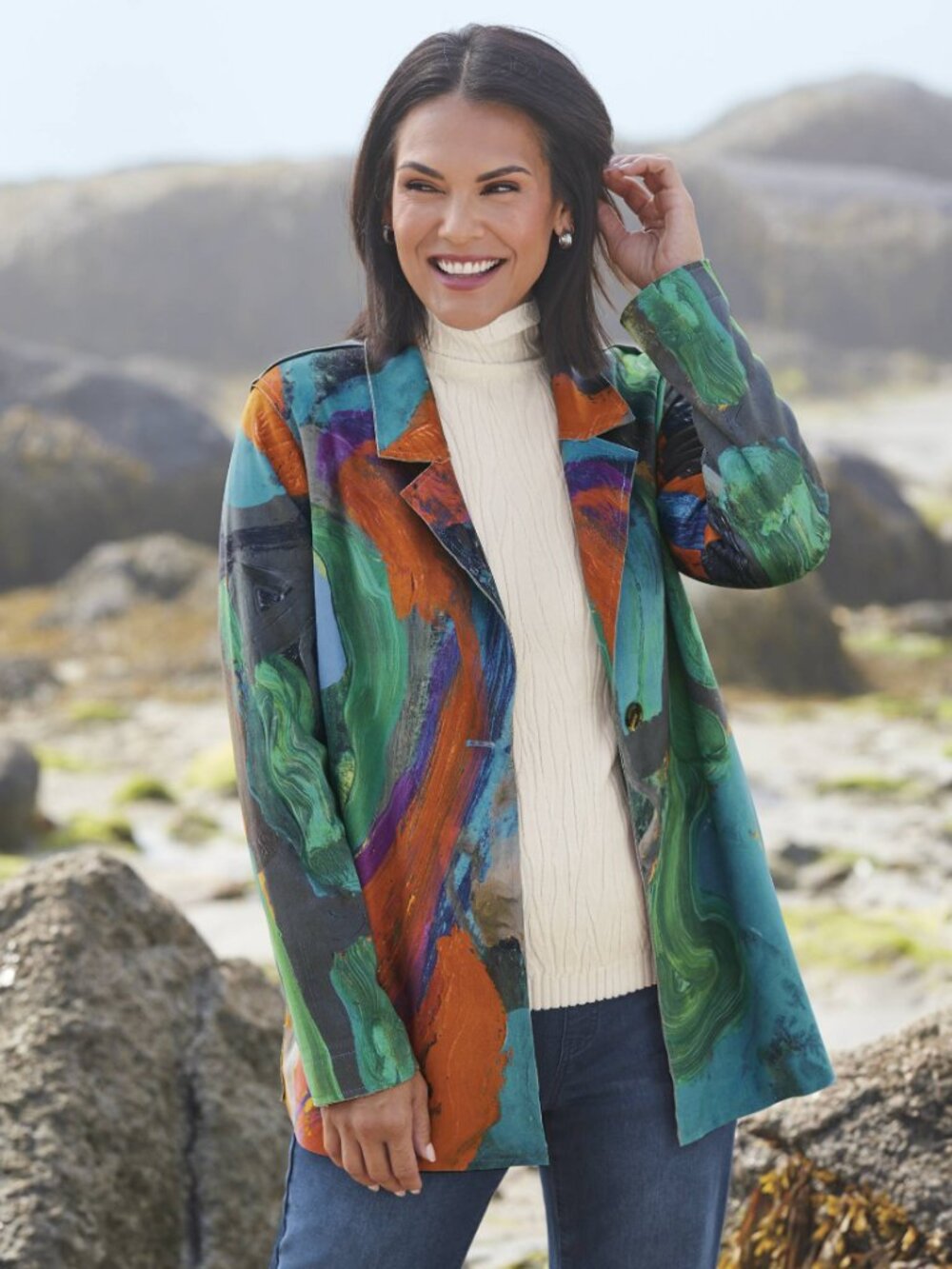 NorthStyle Faux-Suede Jacket, Print by Artist Claire Desjardins, Single Button